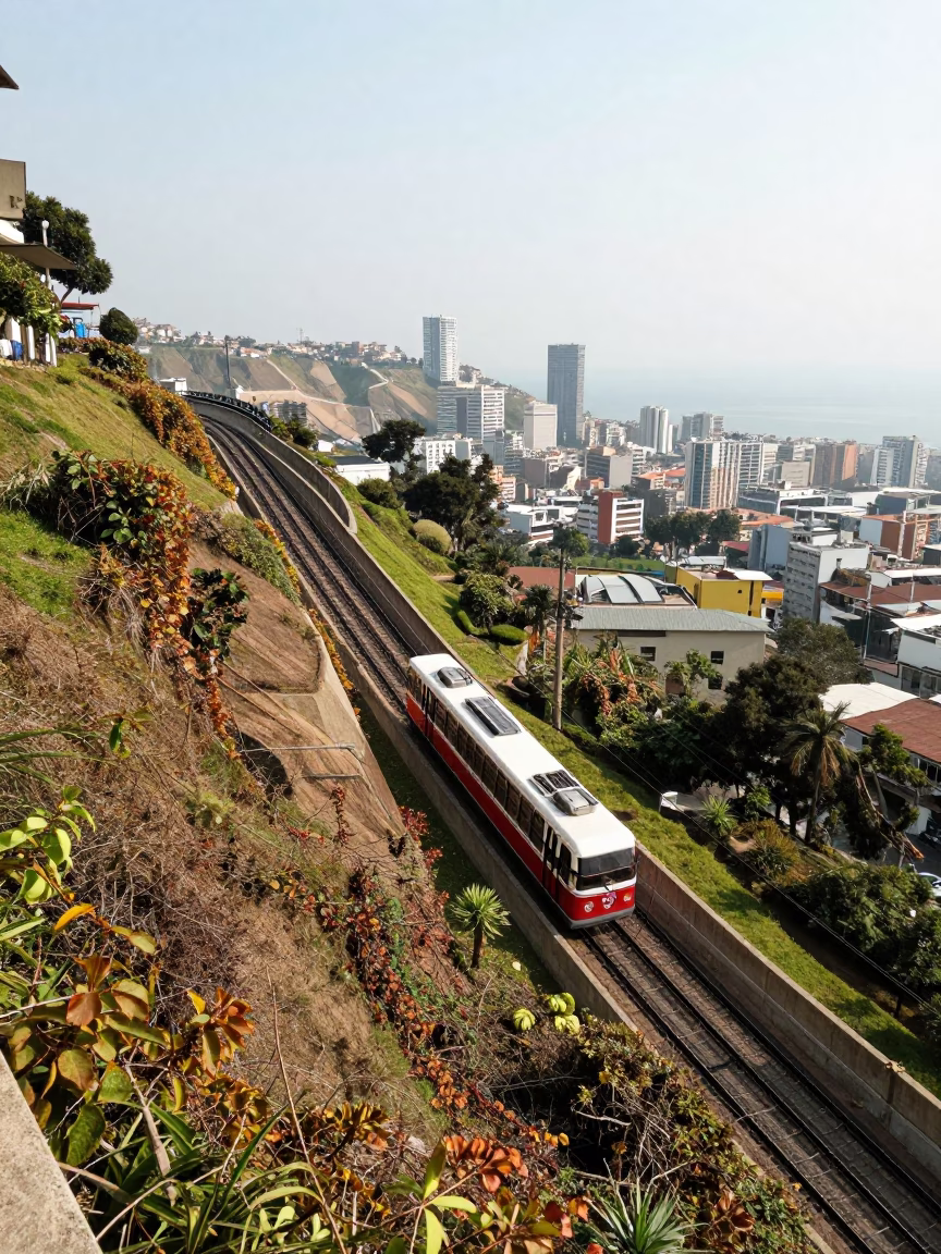 Bright Midmorning View of Lima Peru Funicular Ascending Hillside Covered in Autumn Vines in in Lima, Peru
