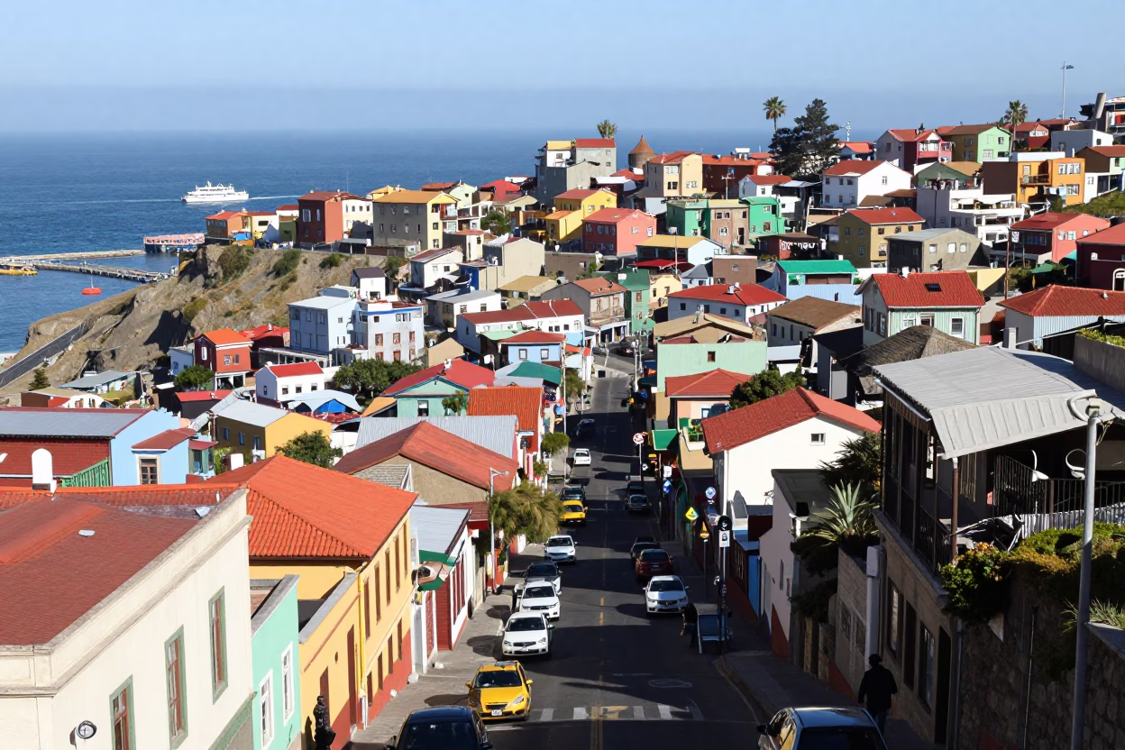 Bright Midmorning View of Valparaiso Chile Hillside Streets and Coastal Mountains in in Valparaiso, Chile