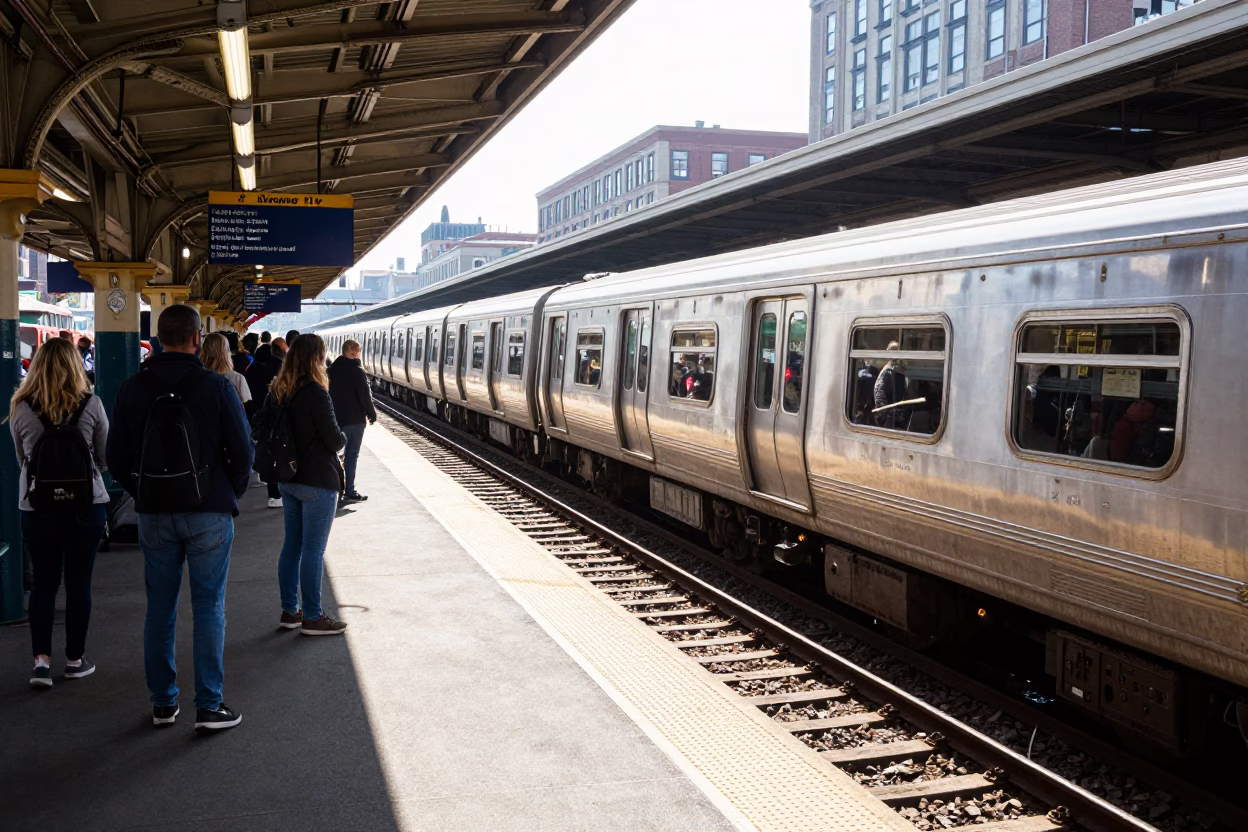 Bright Morning Commuter Train Arrival at Boston Massachusetts Platform with Crowded Passengers in in Boston, Massachusetts, United States