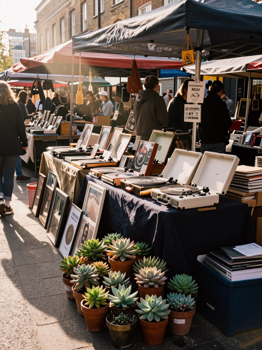 Bright Morning Light Illuminates Busy London Market Stall Display in in London, United Kingdom