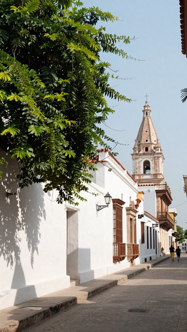 Bright Morning Light on Colonial Cartagena Plaster Walls and Blue Plumbago Hedges in in Cartagena, Colombia