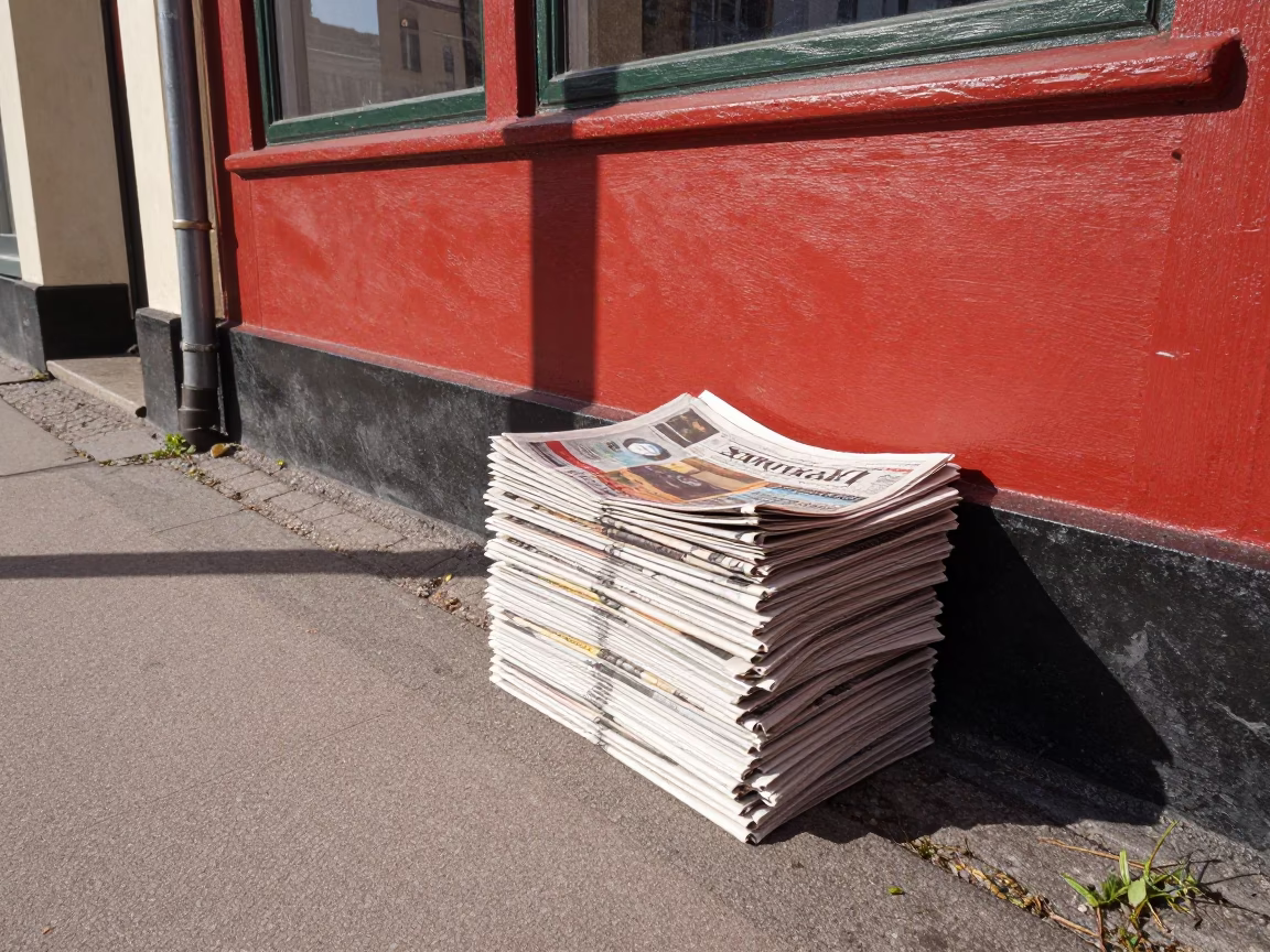 Bright Morning Light on Copenhagen Street with Newspaper Stack and Notebook in in Copenhagen, Denmark