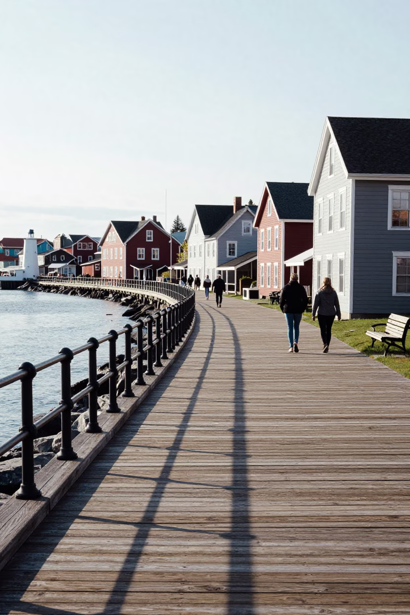 Bright Morning Light on Halifax Waterfront Boardwalk with Local Street Scene in in Halifax, Nova Scotia, Canada