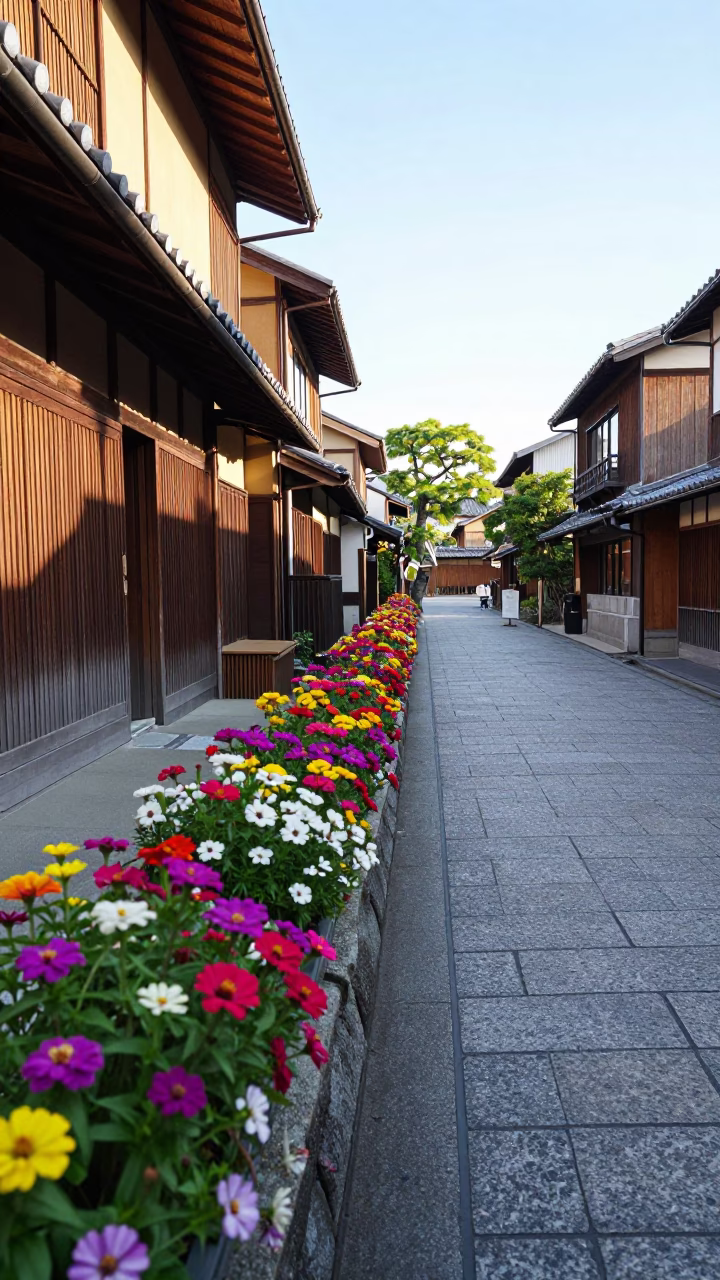 Bright Morning Light on Kyoto Street with Zinnias and Bougainvillea in in Kyoto, Japan