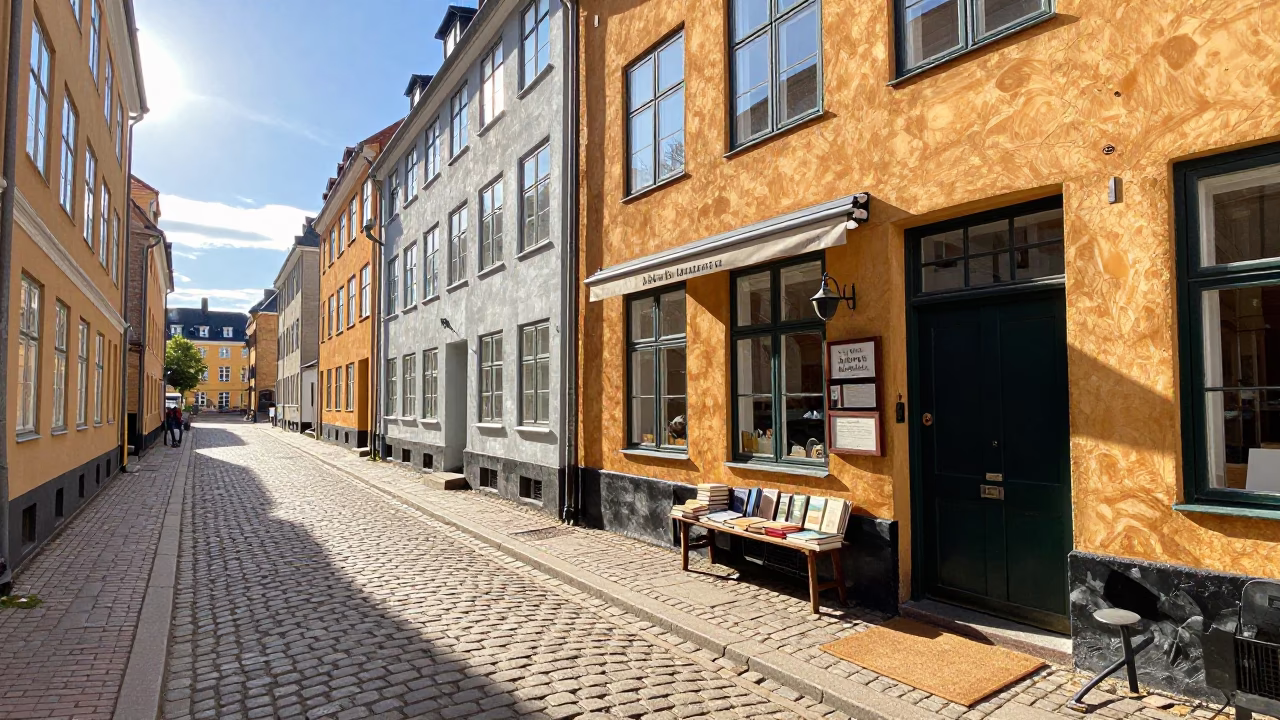Bright Morning Street Scene in Copenhagen Denmark with Books and Doormat in in Copenhagen, Denmark