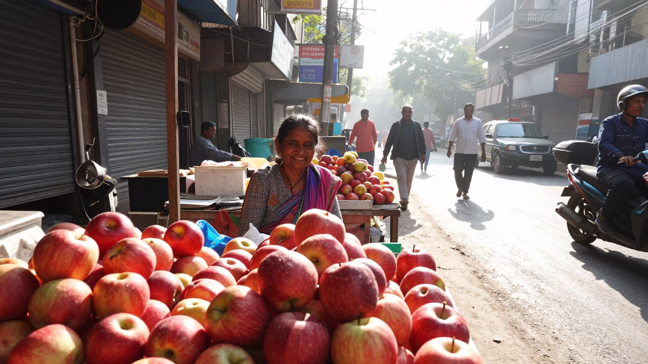 Bright Morning Street Scene in Delhi India with Apples and Silver Braids in in Delhi, India