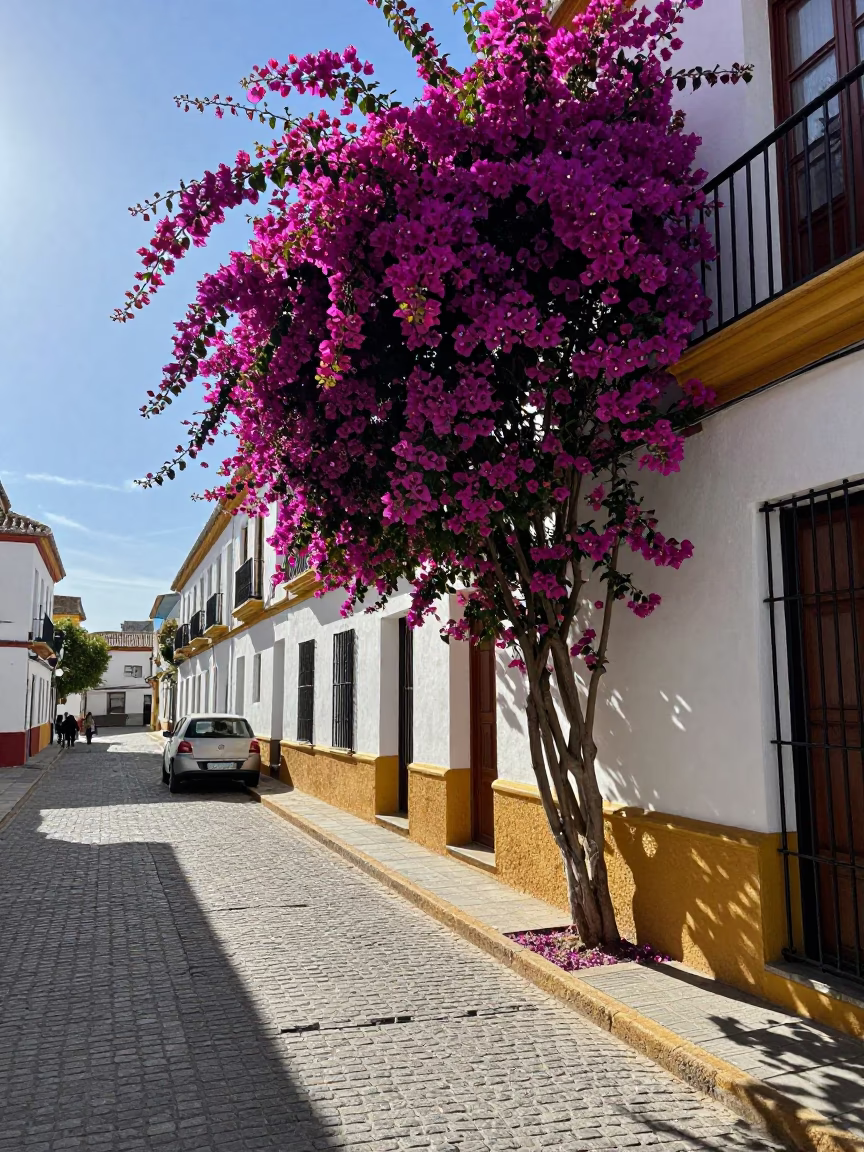Bright Morning Street Scene in Granada Spain with Bougainvillea and Traditional Market Details in in Granada, Spain