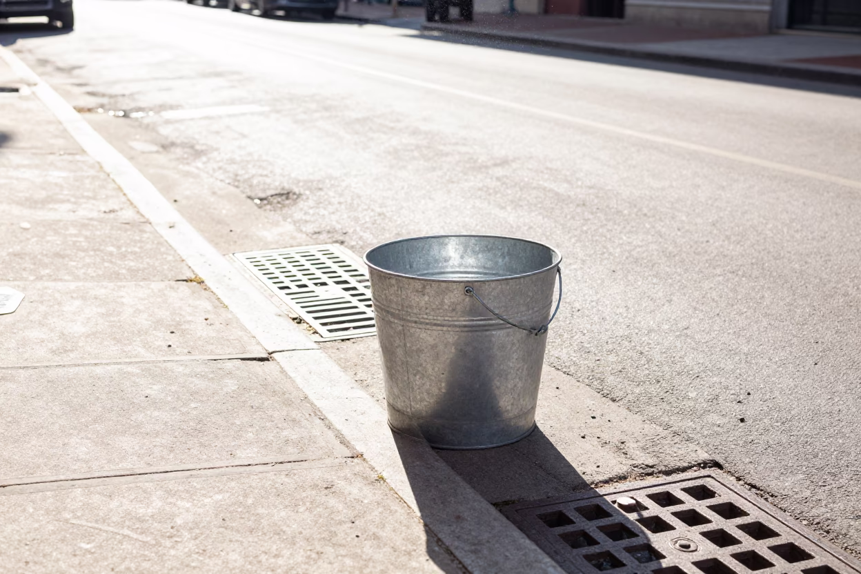 Bright Morning Street Scene in New Orleans with Metal Bucket and Dust on Drain in in New Orleans, Louisiana, United States