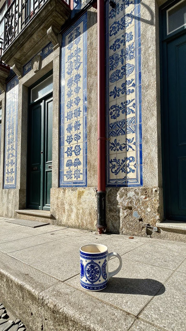 Bright Morning Street Scene in Porto Portugal with Ceramic Mug on Cafe Table in in Porto, Portugal