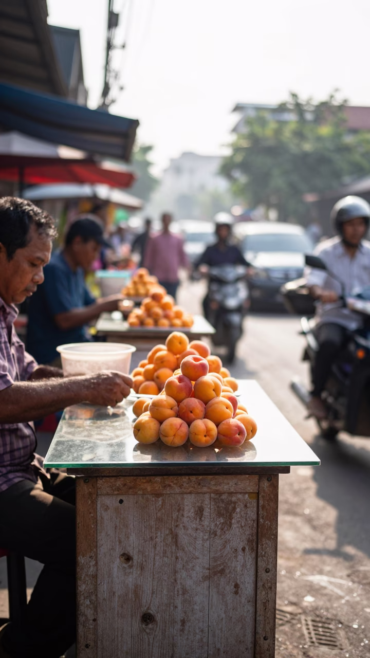 Bright Morning Street Scene in Yogyakarta Indonesia with Clear Glass Tabletop and Apricots in in Yogyakarta, Indonesia