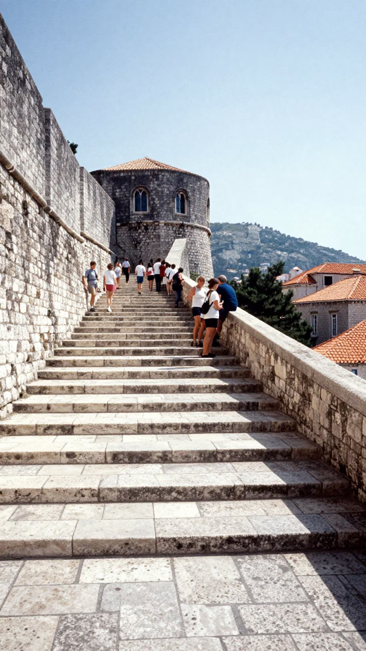 Bright Morning Sunlight on Dubrovnik Old Town Stone Steps with Tourists and Clear Glass in in Dubrovnik, Croatia