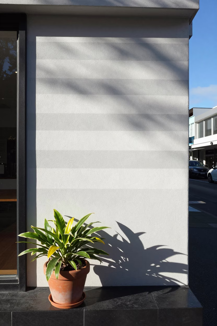 Bright Morning Sunlight Stripes Across Wellington Plaster Wall with Houseplant in in Wellington, New Zealand