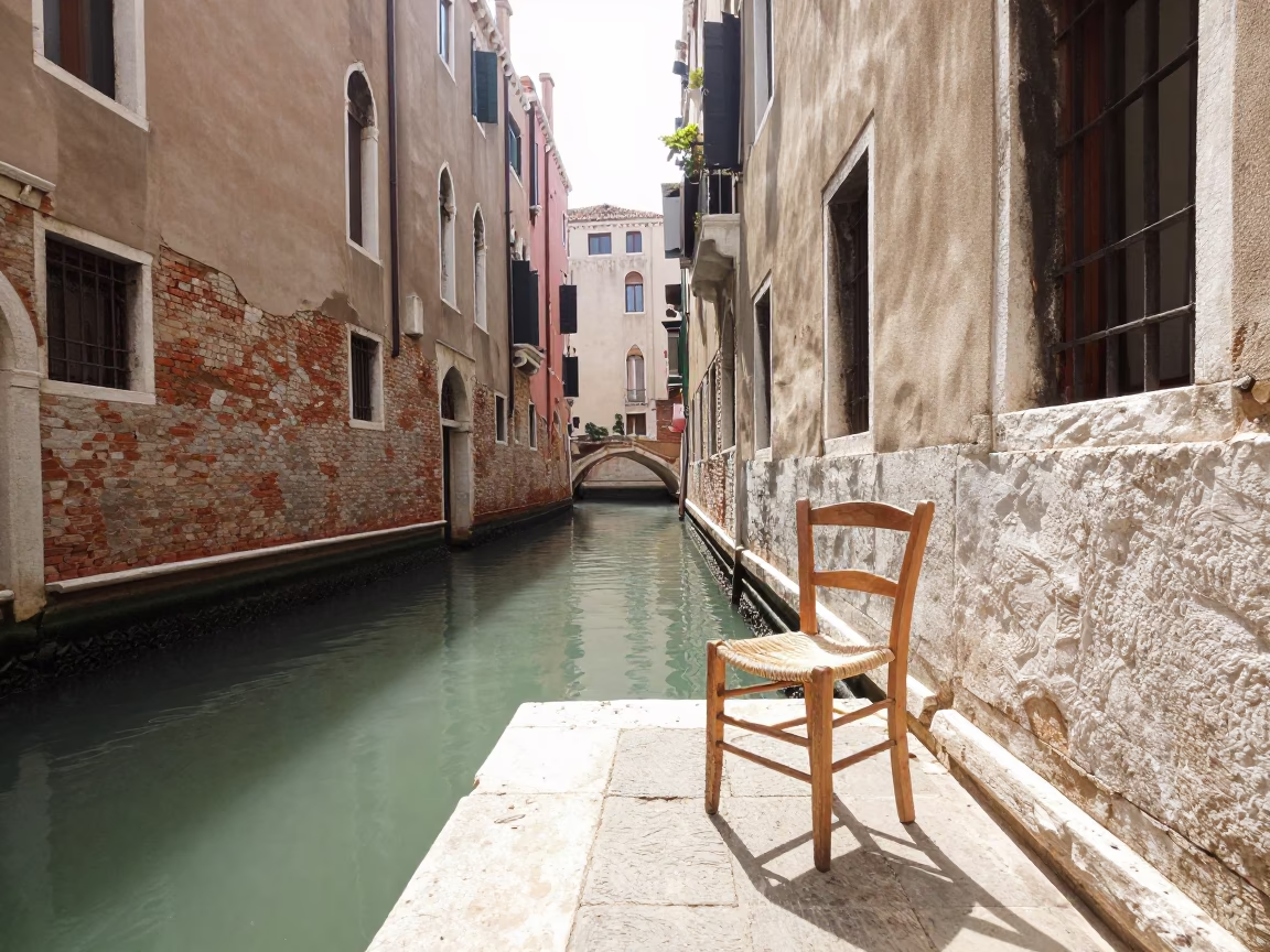 Bright Morning Venetian Canal Scene with Wooden Chair and Leaf Shadows on Plaster Wall in in Venice, Italy