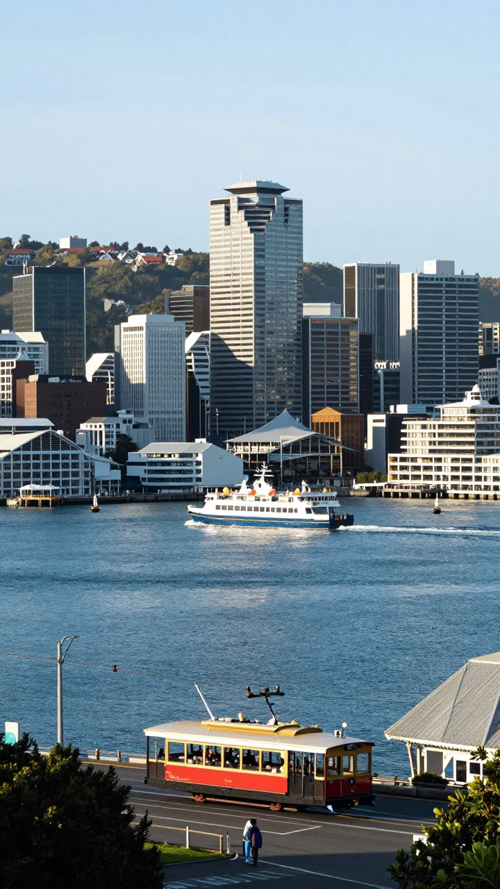 Bright Morning View of Wellington Harbour and Cable Car from Mount Victoria Lookout in in Wellington, New Zealand