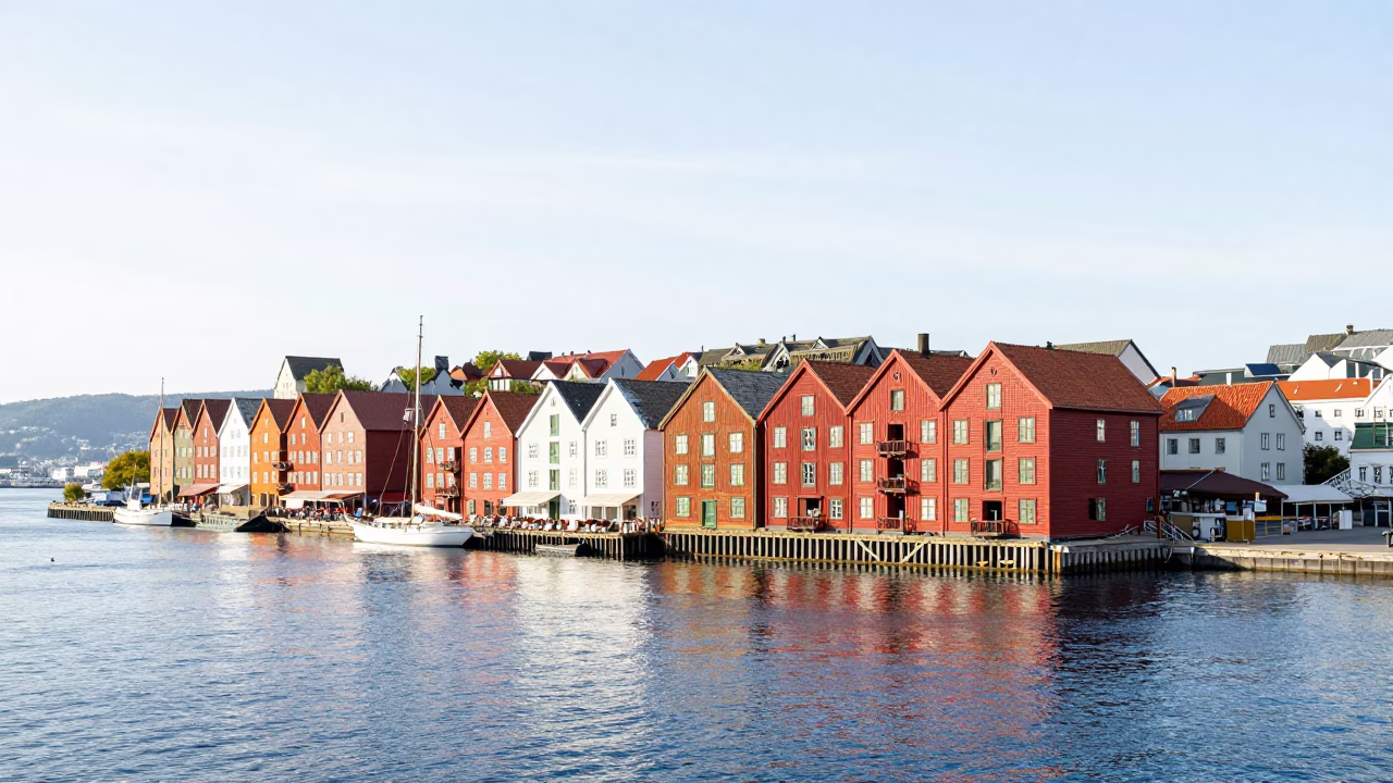 Bright Noon Daylight Over Bergen Norway Harbor Waterfront and Red Wharf Buildings in in Bergen, Norway