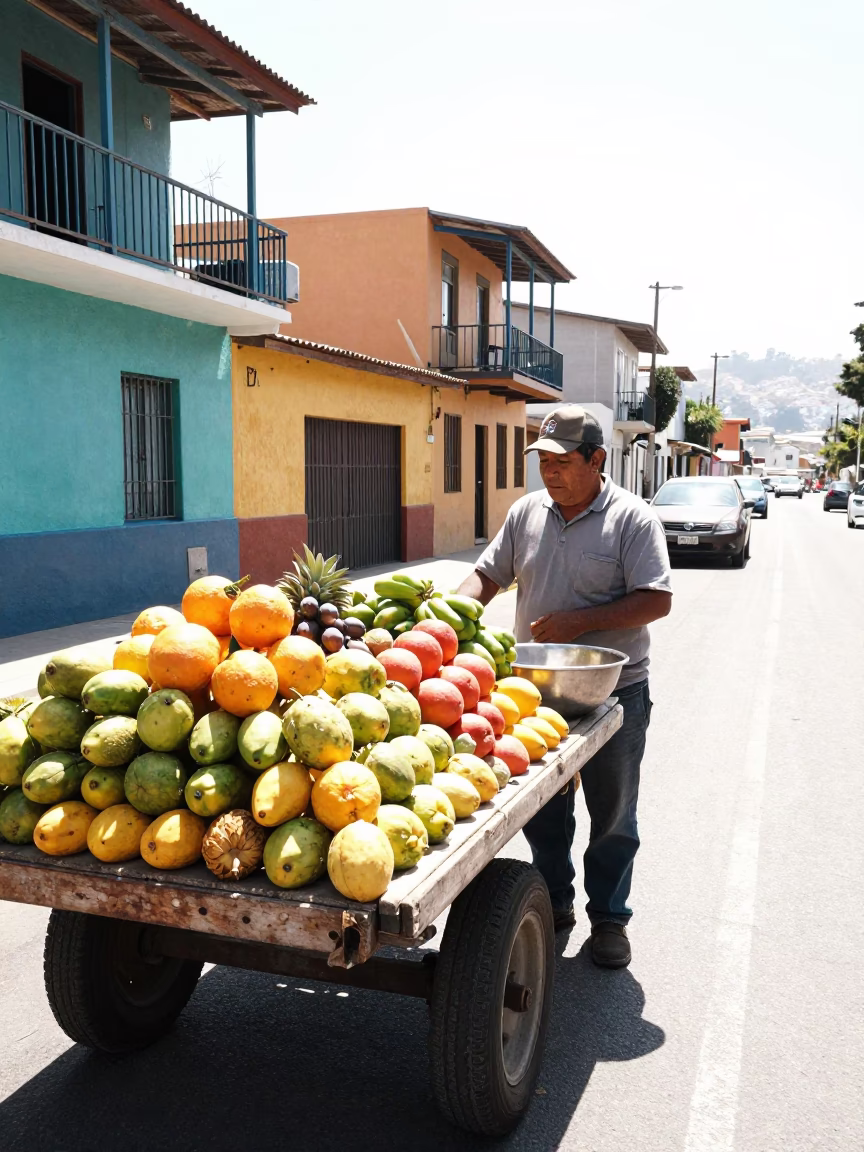 Bright Noon Light on Colorful Valparaiso Street with Fruit Vendor and Metal Bowl in in Valparaiso, Chile