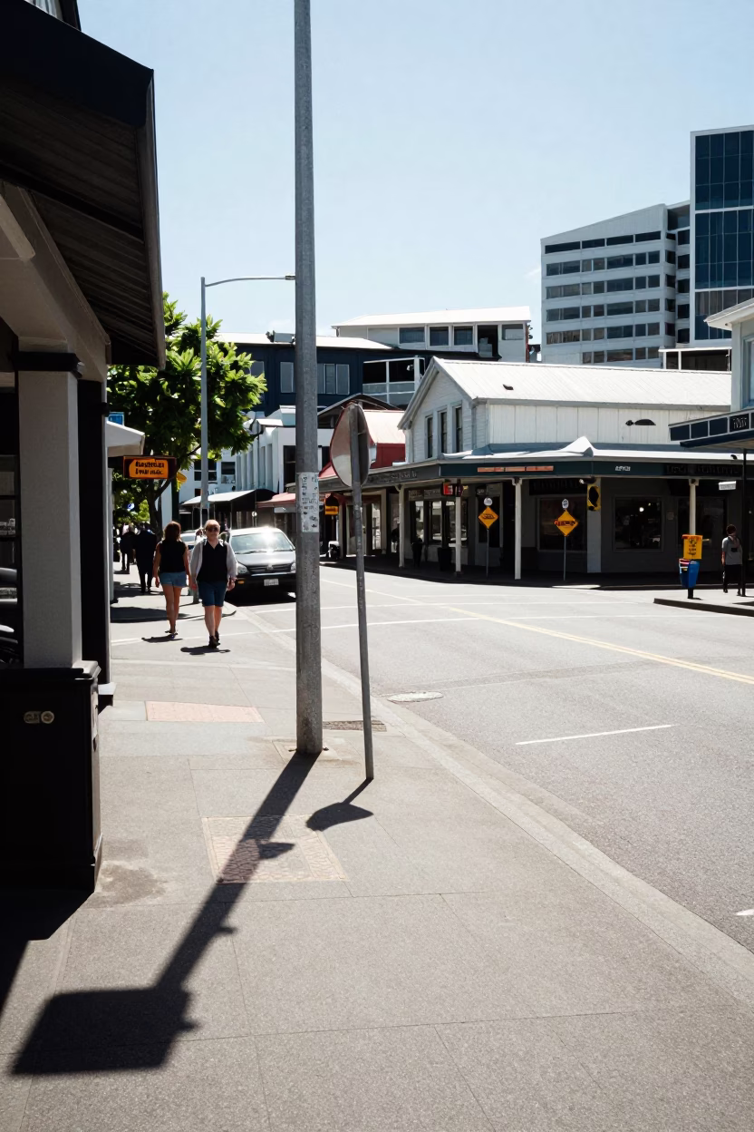 Bright Noon Light on Wellington Street Corner with Local Transit and Pedestrians in in Wellington, New Zealand