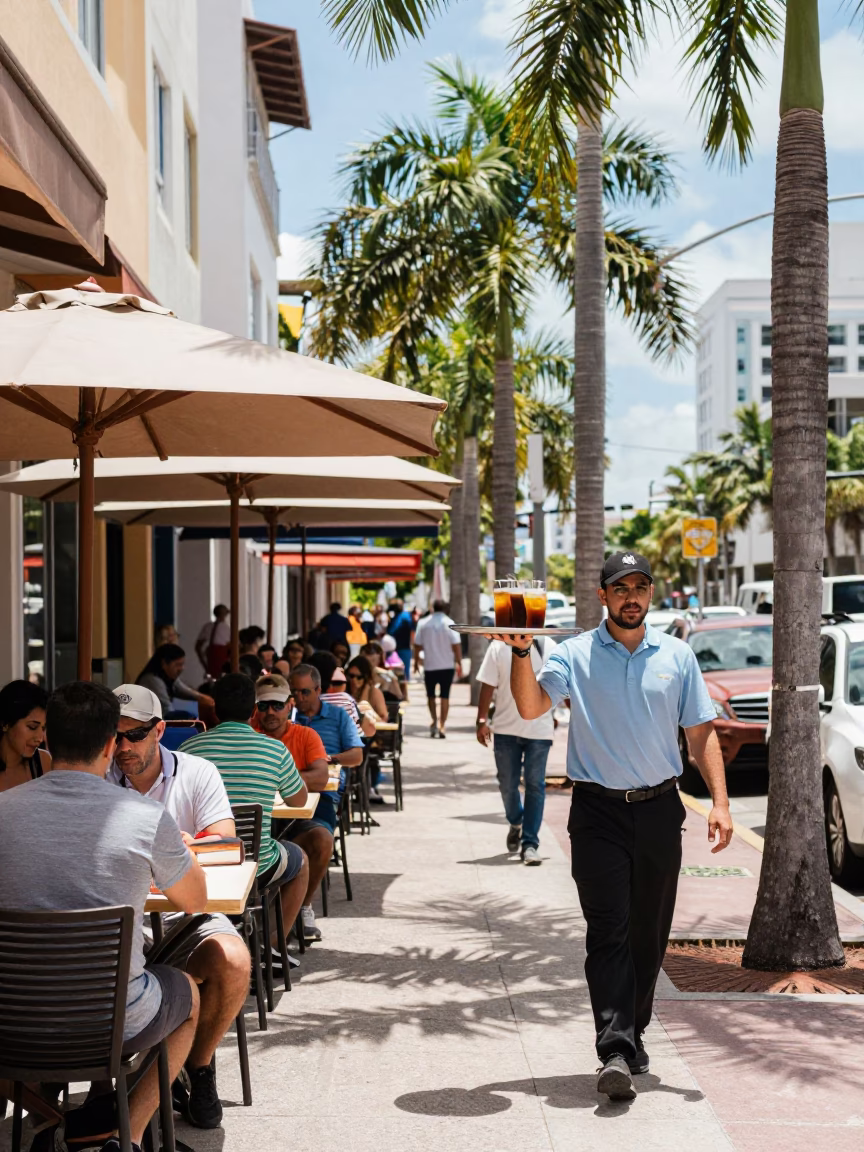 Bright Noon Miami Street Scene with Outdoor Seating and Urban Details in in Miami, Florida, United States