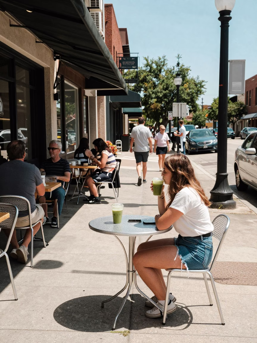 Bright Noon Street Scene in Austin Texas With Matcha Tea and Local Culture in in Austin, Texas, United States