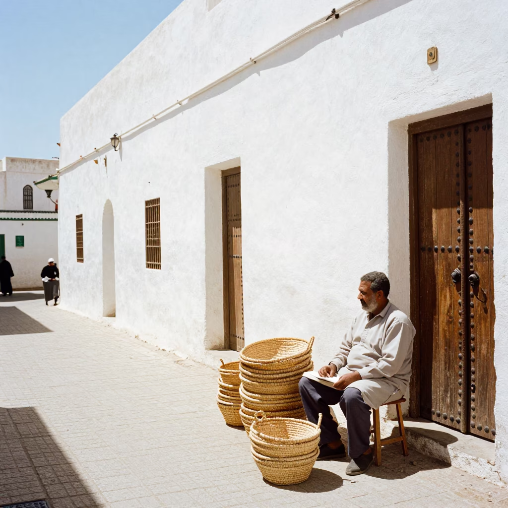 Bright Noon Street Scene in Essaouira Morocco with Local Vendor and Tin Box in in Essaouira, Morocco