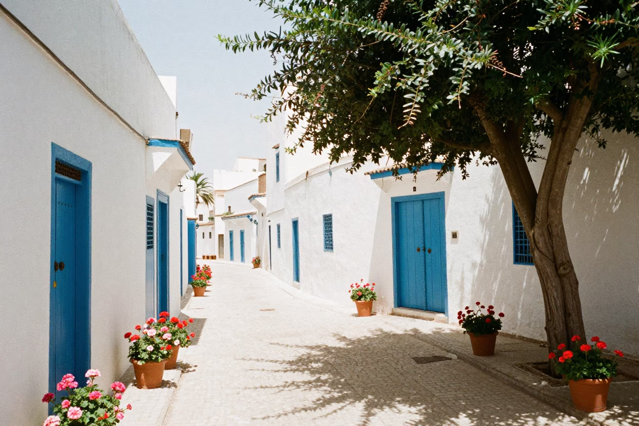 Bright Noon Street Scene in Essaouira Morocco with Potted Geraniums and Tree Shadows in in Essaouira, Morocco