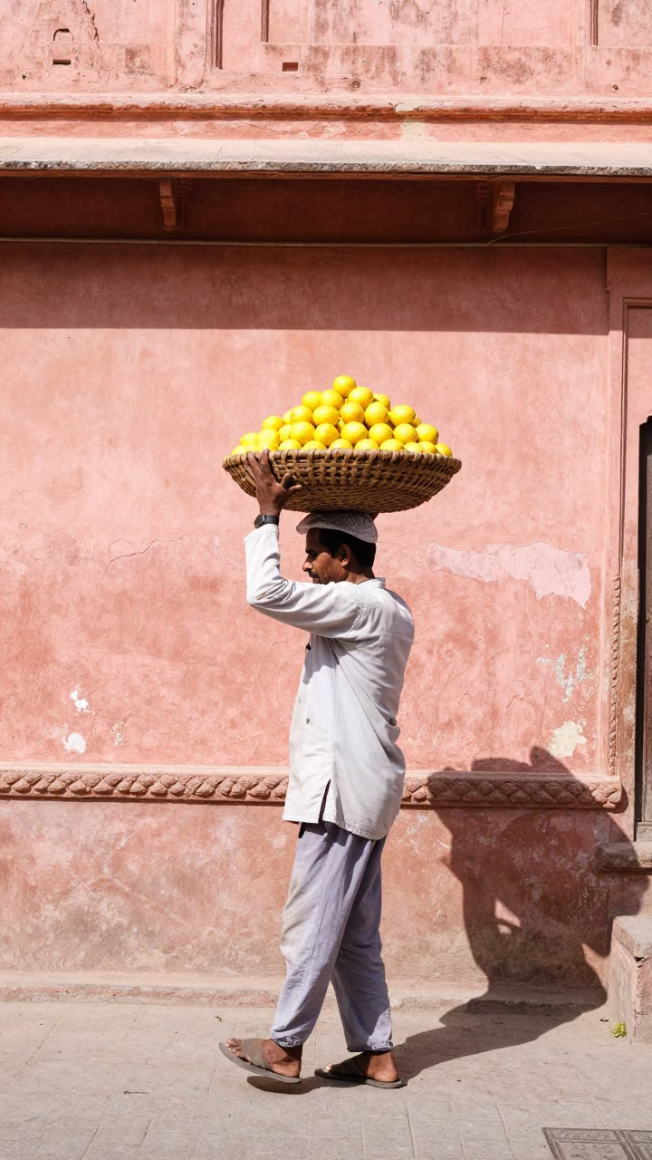 Bright Noon Street Scene in Jaipur India with Lemons and Local Interaction in in Jaipur, India