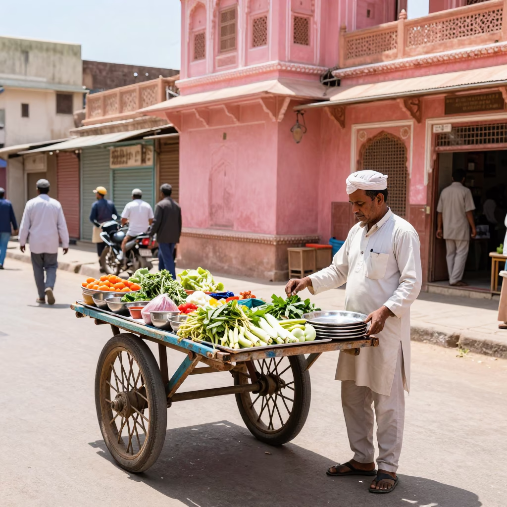 Bright Noon Street Scene in Jaipur India with Vendor and Pink Sandstone Architecture in in Jaipur, India