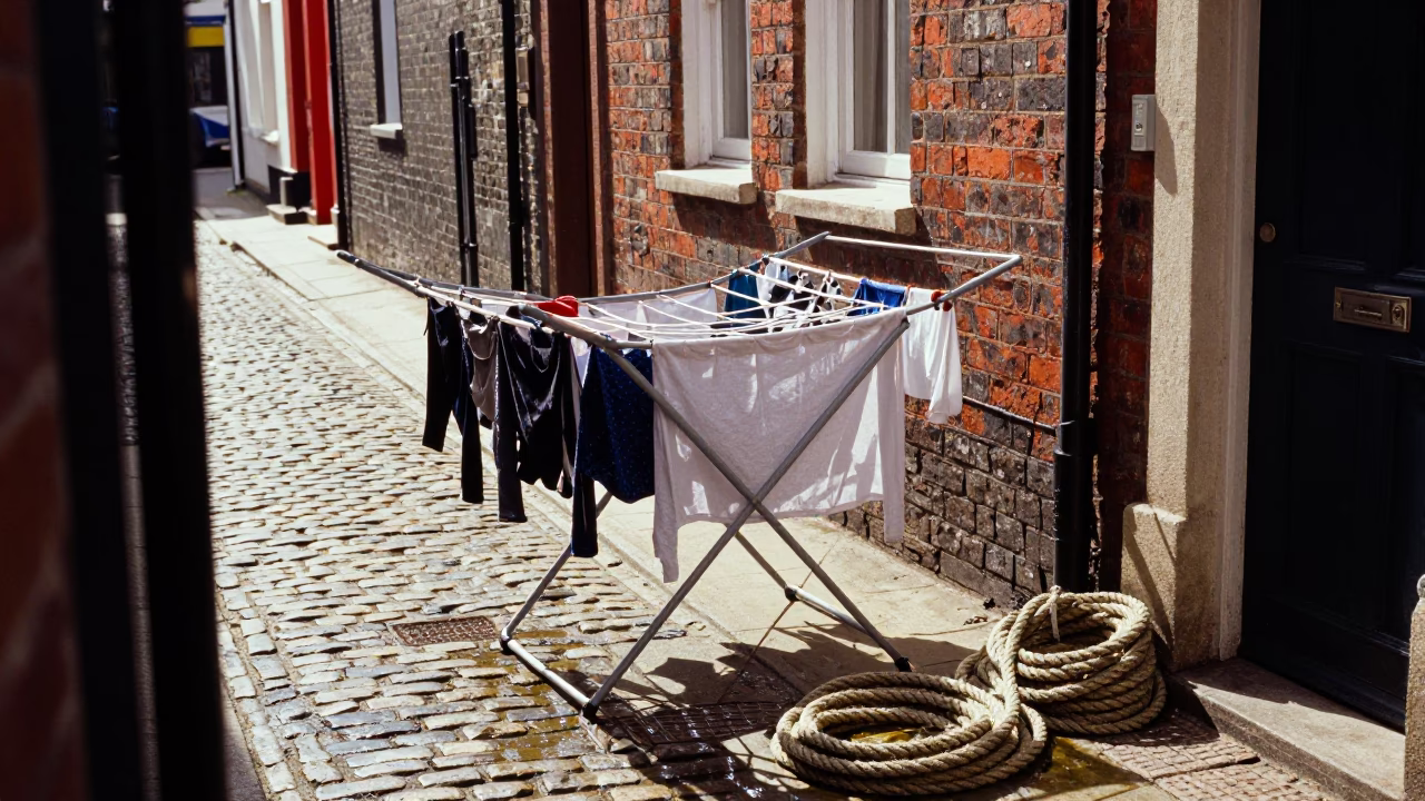 Bright Noon Street Scene in Liverpool with Drying Rack and Coiled Rope in in Liverpool, United Kingdom