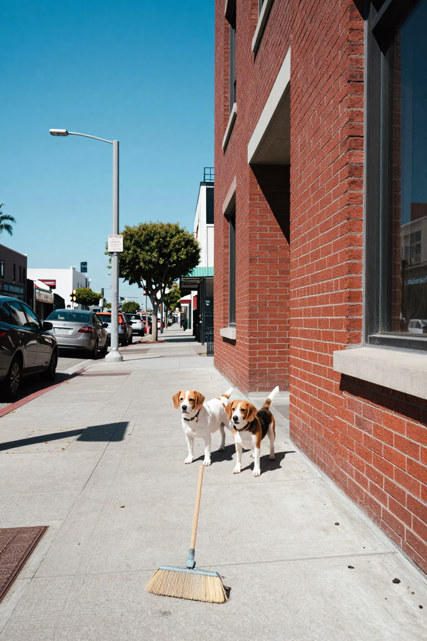 Bright Noon Street Scene in Los Angeles California with Broom and Beagle in in Los Angeles, California, United States