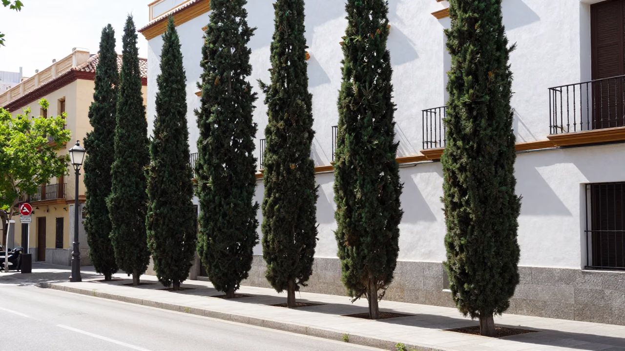 Bright Noon Street Scene in Madrid Spain with Cypress Trees and Hydrangeas in in Madrid, Spain