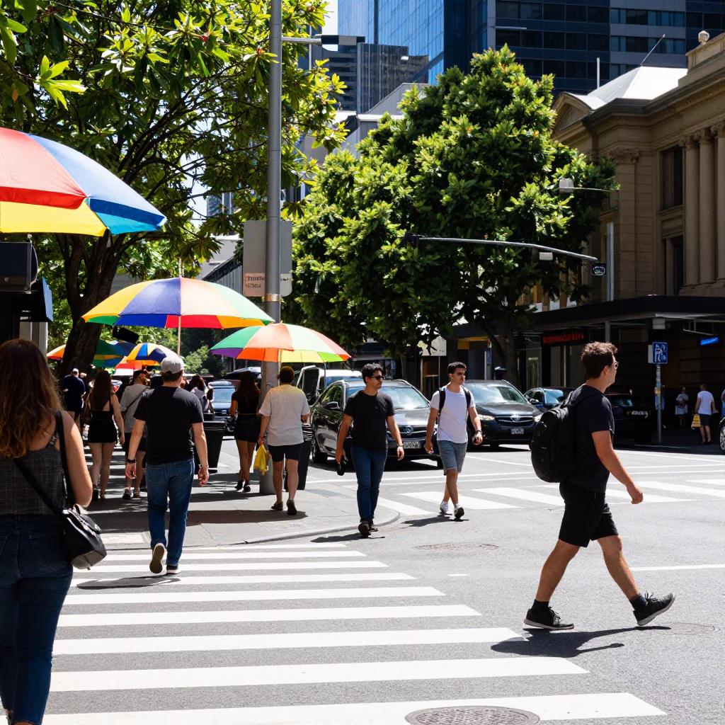 Bright Noon Street Scene in Melbourne Victoria Australia with Colorful Umbrellas and Urban Pedestrians in in Melbourne, Victoria, Australia