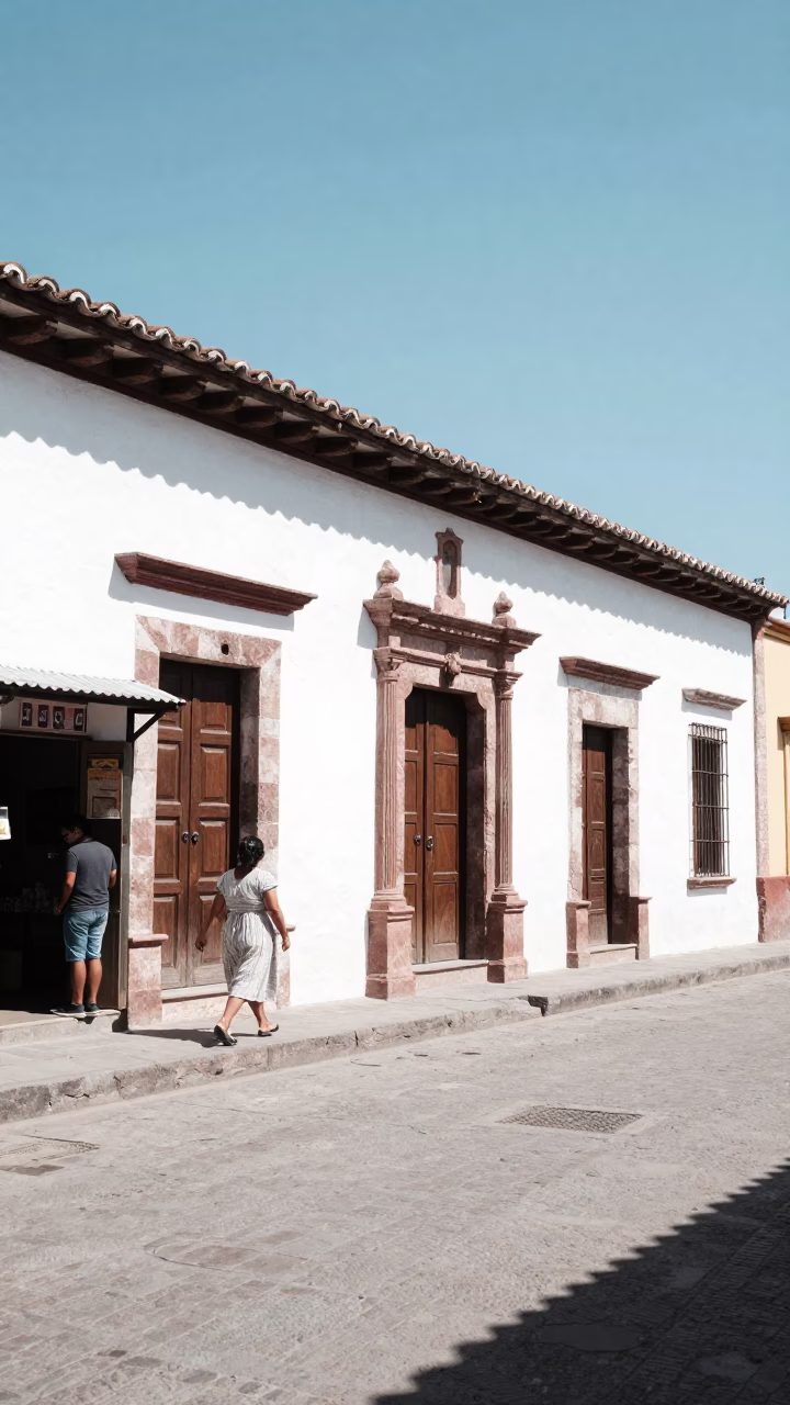 Bright noon street scene in Merida Mexico with traditional architecture and daily life in in Merida, Mexico