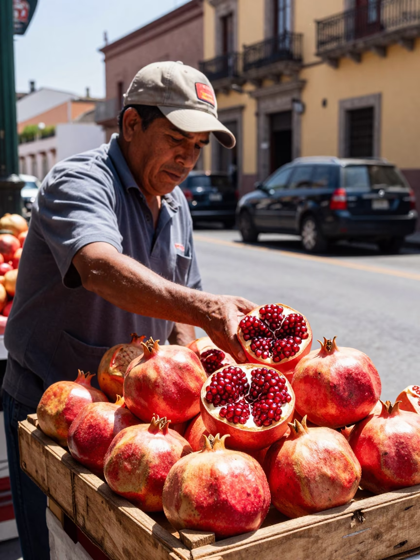 Bright Noon Street Scene in Mexico City with Vendor Displaying Fresh Produce in in Mexico City, Mexico