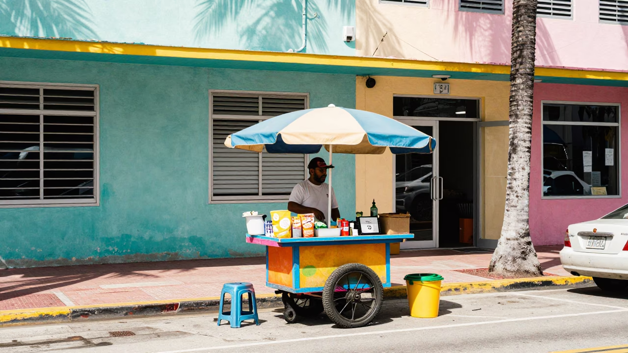 Bright Noon Street Scene in Miami Florida with Colorful Vintage Details in in Miami, Florida, United States