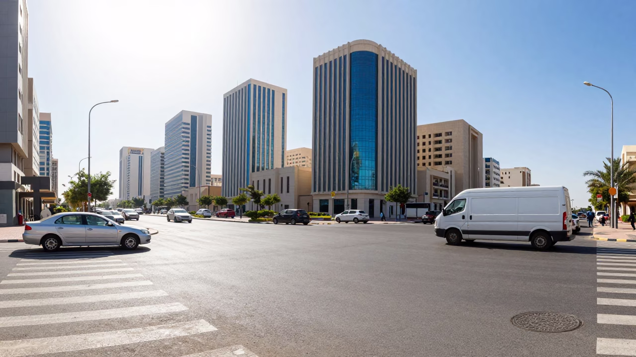 Bright Noon Street Scene in Muscat Oman with Modern Architecture and Local Traffic in in Muscat, Oman