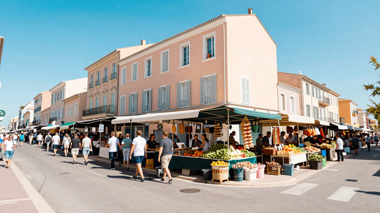 Bright Noon Street Scene in Nice France with Local Market Details and Blue Sky in in Nice, France