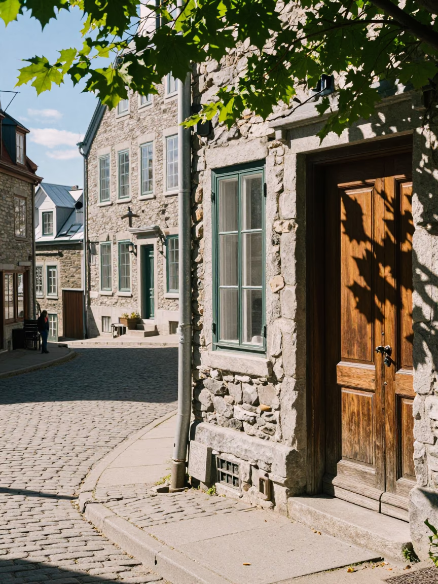 Bright Noon Street Scene in Quebec City With Leaf Shadows and Brushed Steel in in Quebec City, Quebec, Canada