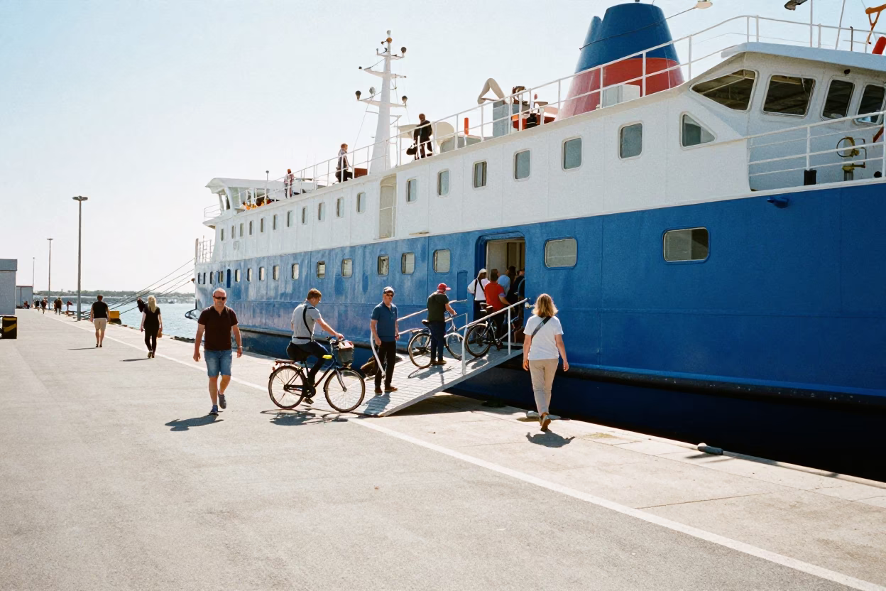 Bright Noon Sunlight on Blue Ferry Docking in Nice France with Passengers in in Nice, France
