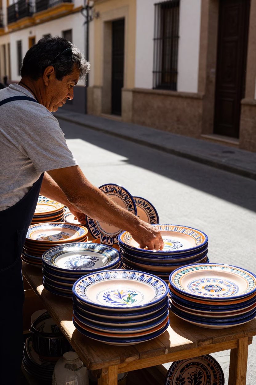 Bright Noon Sunlight on Valencia Street with Vintage Majolica Plate and Local Market Scene in in Valencia, Spain