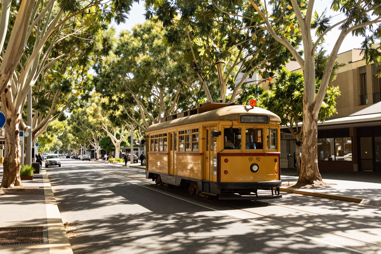 Bright Perth Street Scene with Tramcar on Tree-Lined Boulevard in Early Afternoon in in Perth, Western Australia, Australia