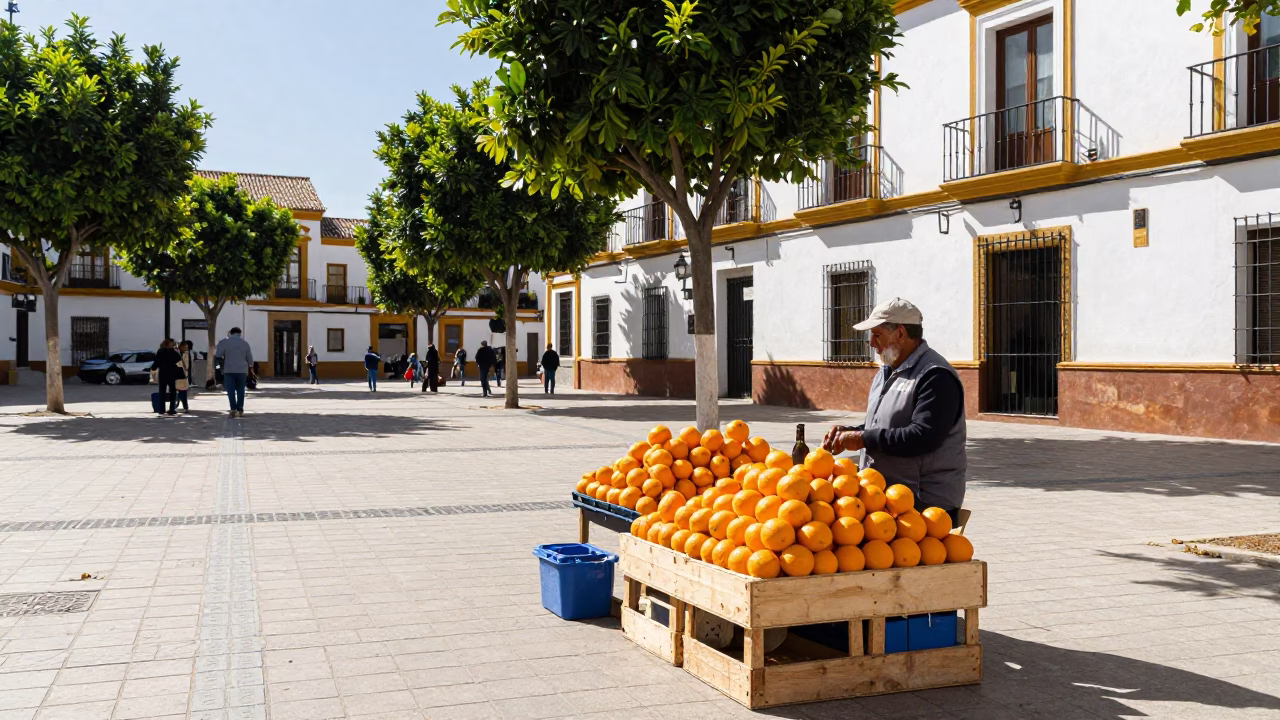 Bright Seville Midday Street Scene with Oranges and Local Market Activity in in Seville, Spain