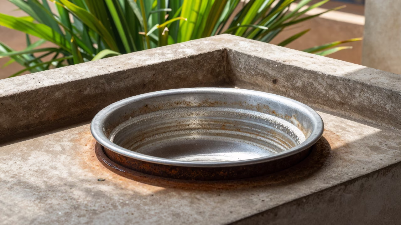 Bright Sunlight Reveals Rusty Basin and Green Plants in Accra Kitchen in in Accra, Ghana