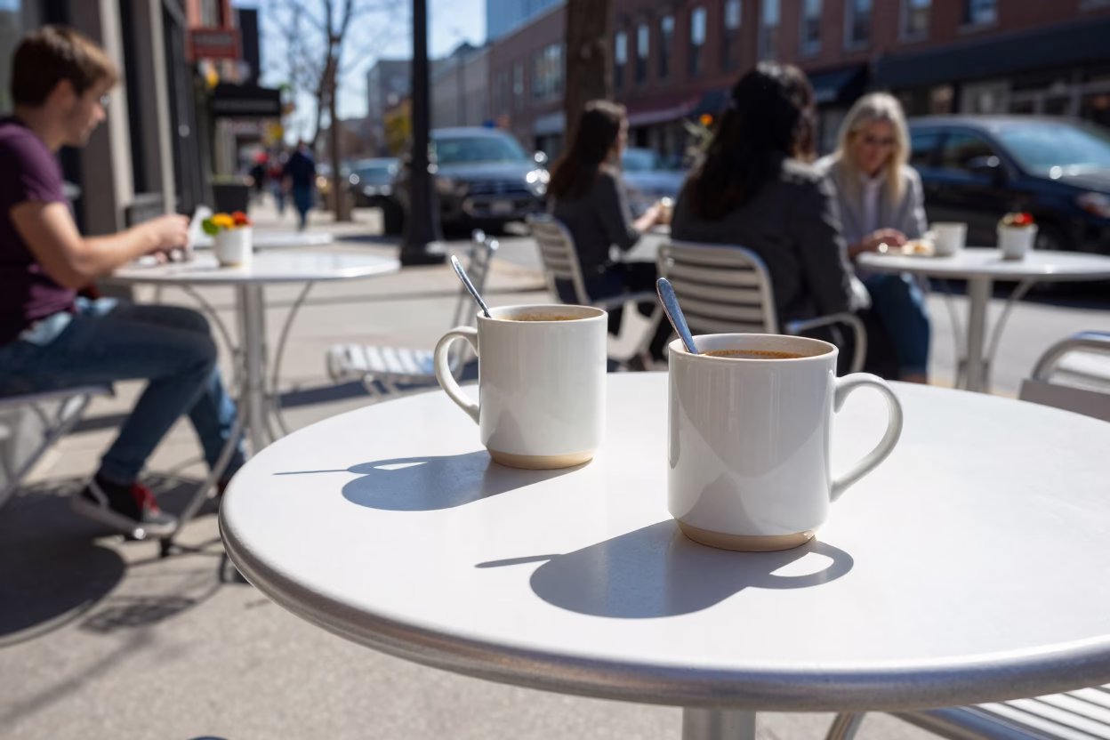 Bright Sunny Afternoon on Toronto Sidewalk Cafe Table with Coffee Mugs in in Toronto, Ontario, Canada