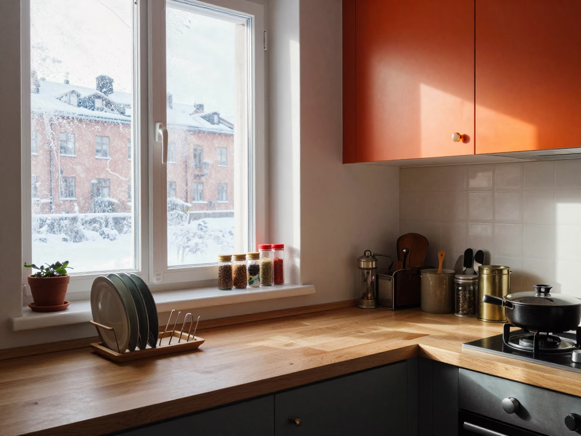 Bright Winter Noon in Stockholm Apartment Kitchen with Colorful Details in in Stockholm, Sweden