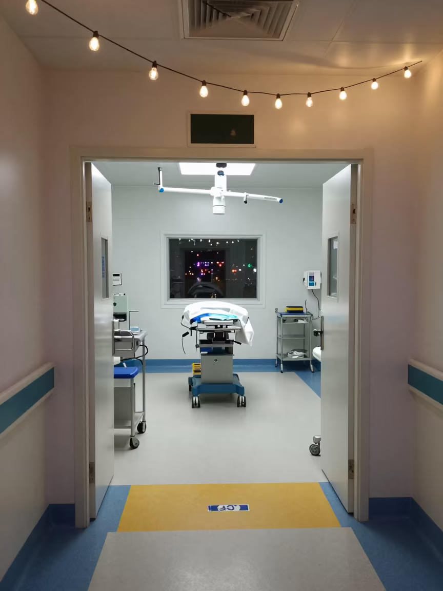 Brighton Hospital Corridor with String Lights at Dusk in inside a hospital corridor in Brighton and Hove