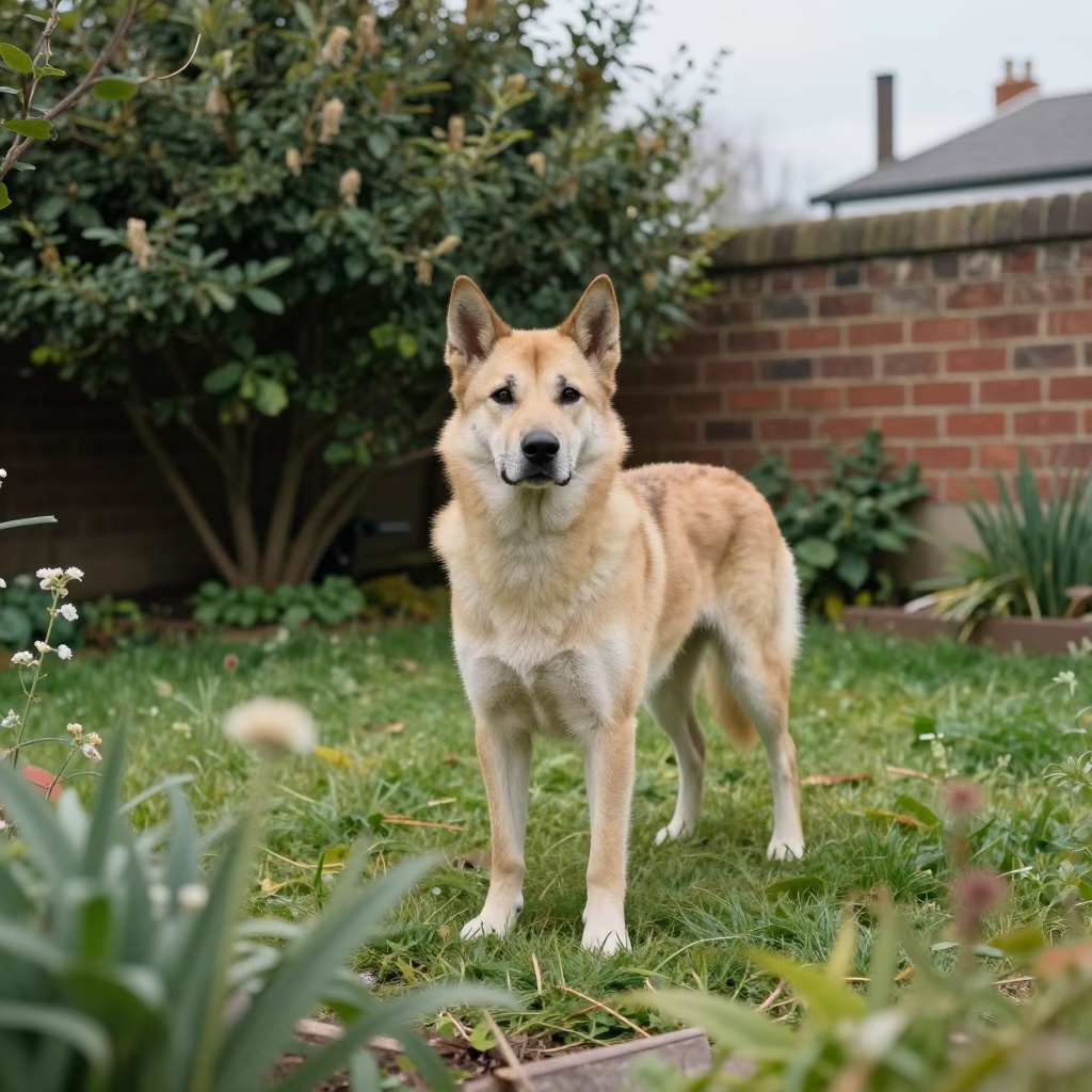 Brighton Kelpie Portrait in Clipped Grass Yard in in a small yard with clipped grass, calm light, and the animal centered in frame in Brighton and Hove