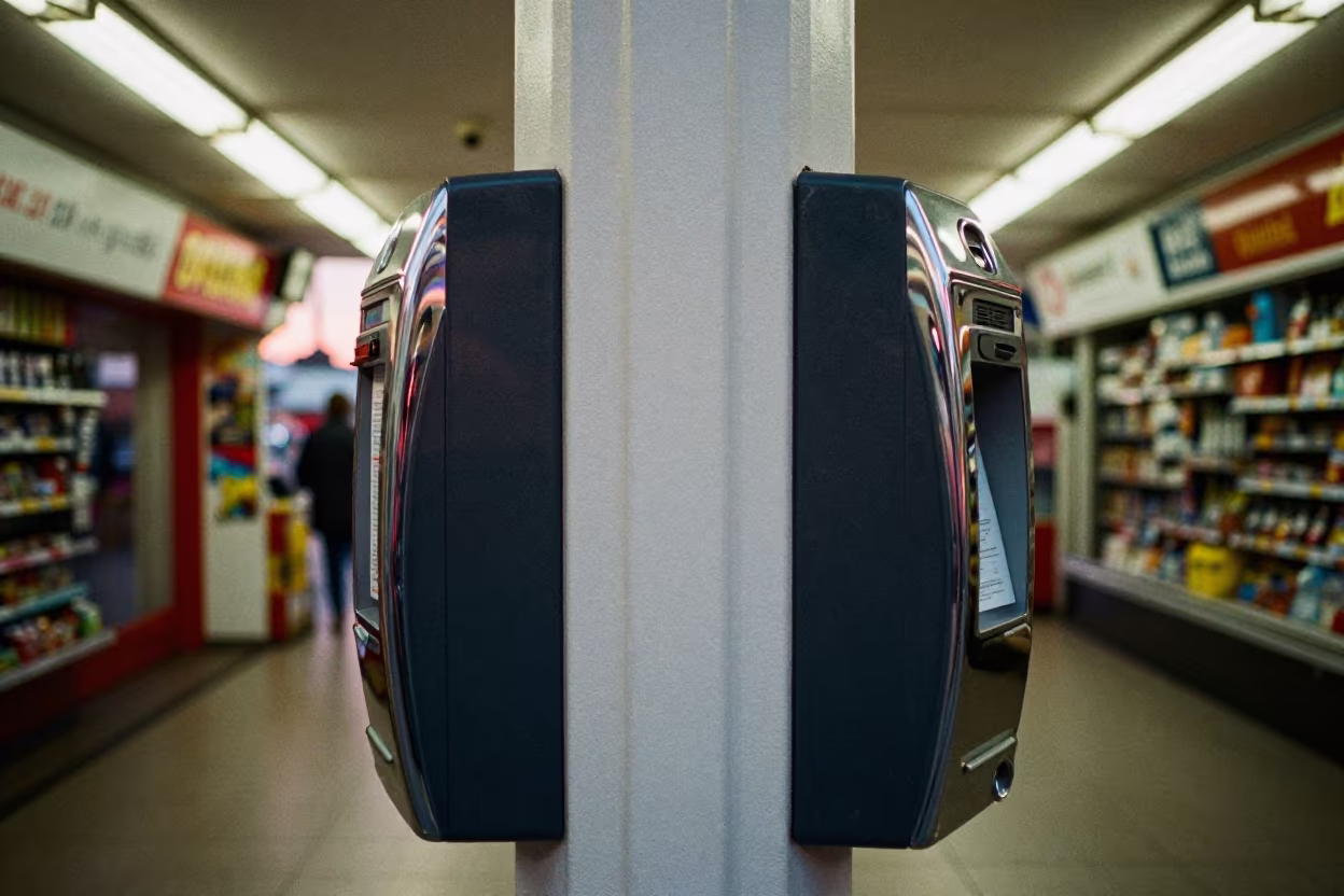 Brighton Store Queue Ticket Holder at Dusk in inside a storefront prepared for opening in Brighton and Hove