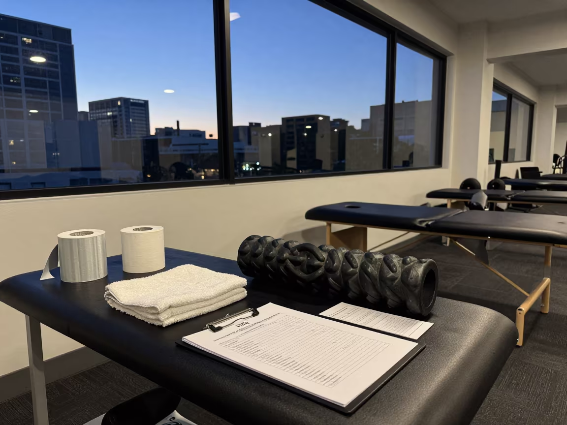 Brisbane Recovery Lounge Blood Pressure Screening Setup in inside a recovery lounge beside foam rollers near Brisbane
