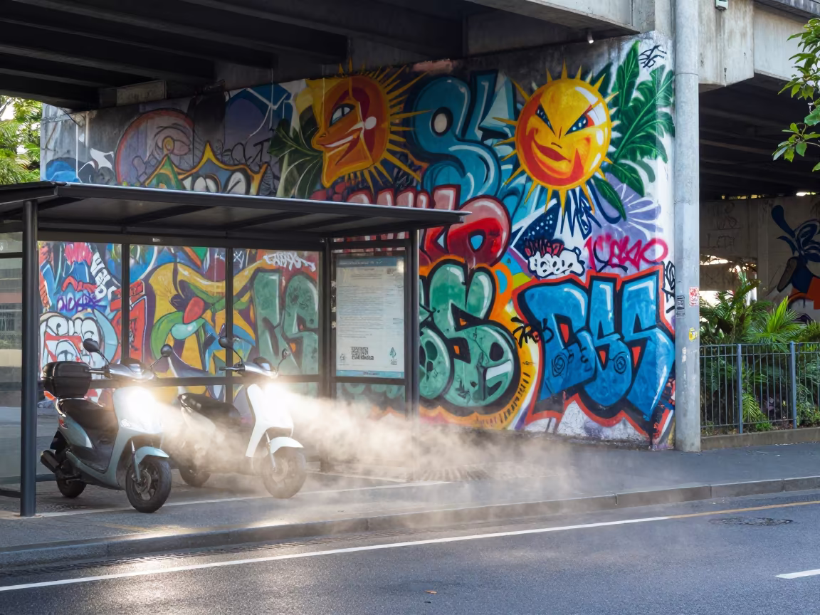 Brisbane Underpass Mural in Scooter Headlight Glow in beside a steamed-up bus shelter in Brisbane