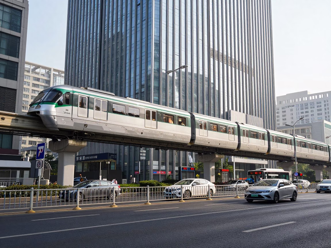 Brisk Midmorning Street Scene in Beijing China with Monorail Reflection in in Beijing, China